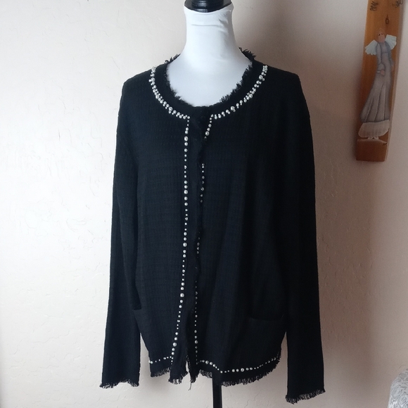 Elena Miro Sweaters - Elena Miro Black Sweater Cardigan with Pearl Trim